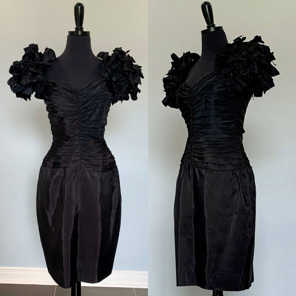 Vintage 80s Tadashi Black Taffeta Bow Dress - Picture 1 of 7